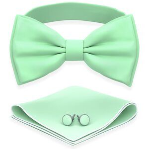 9863 Mint Bow Tie with Handkerchief & Cufflinks Pre-Tied Style Formal Satin